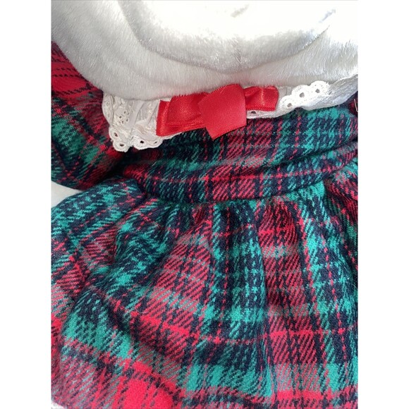 Vintage Jingle Bear Girl Christmas Plush Stuffed White Teddy Bear Holiday Plaid - Picture 2 of 7